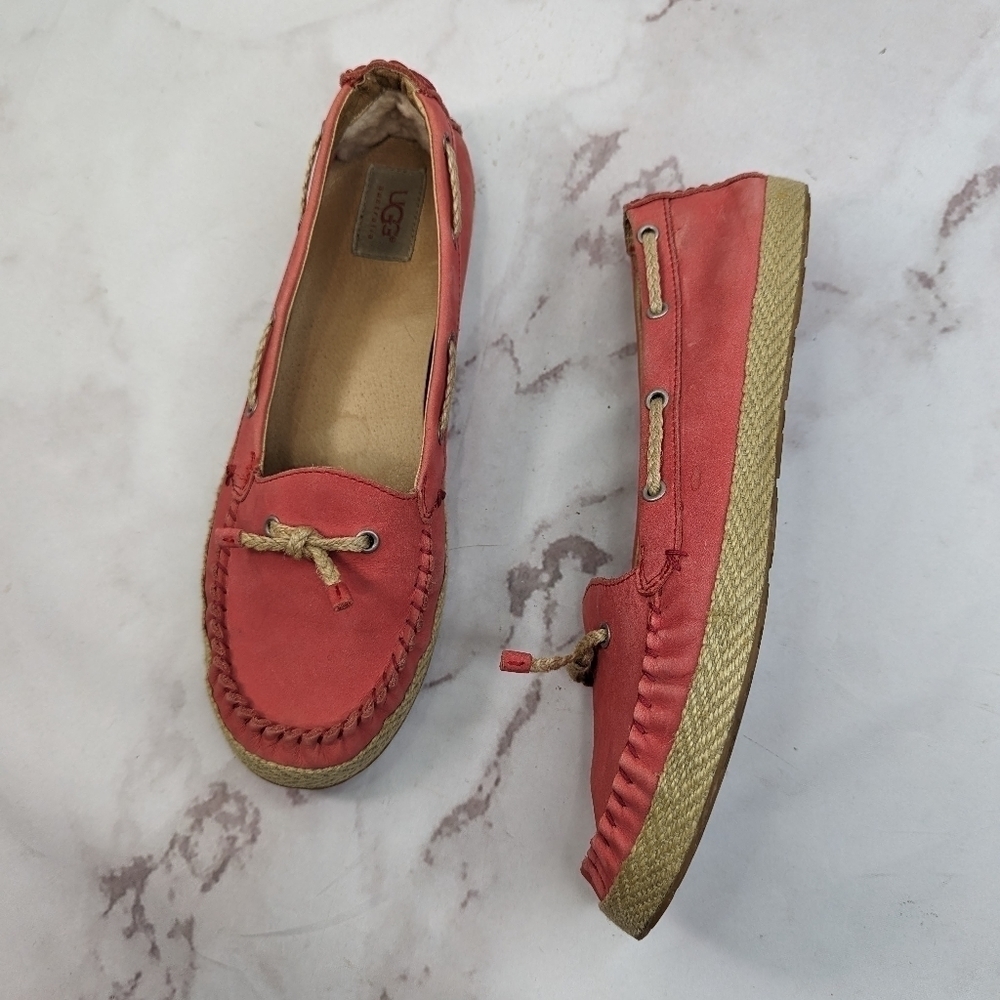 Ugg Shoes Women 11 Pink Slip On Mocassin Espadrille Loafer Tomato Flats Leather